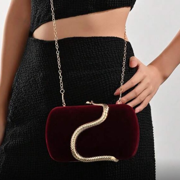 Elegant Burgundy Snake Design  Clutch with Gold Accent